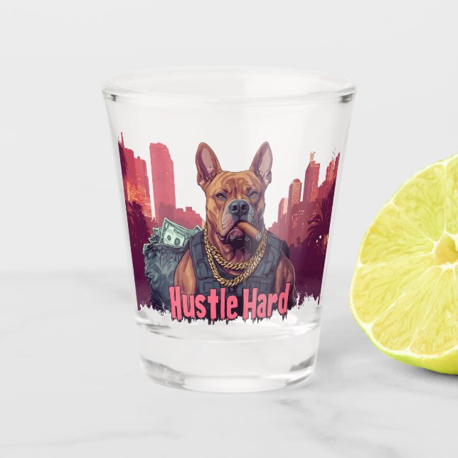 Copo De Shot Duro de Hustle - Cachorro Pitbull com Dinheiro e C (Frente)