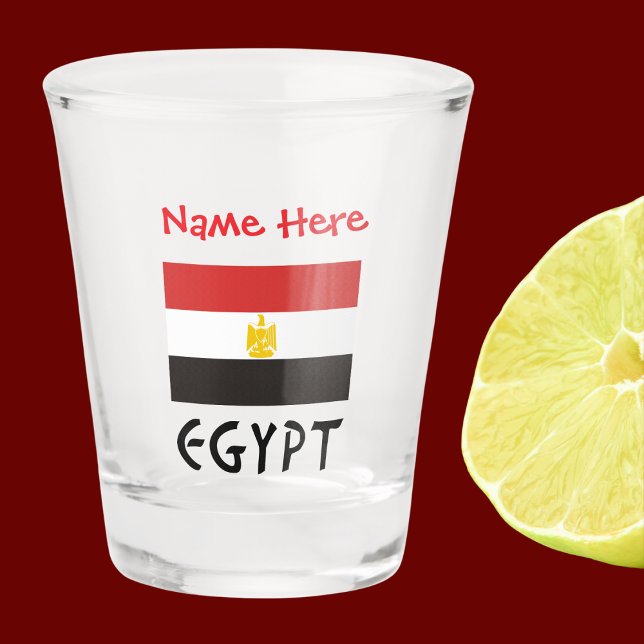 Copo De Shot Egito Sinalizador Egípcio Vermelho Personalizado (Egyptian Flag on shot glass has the word EGYPT below in black letters. Add name above in red letters)