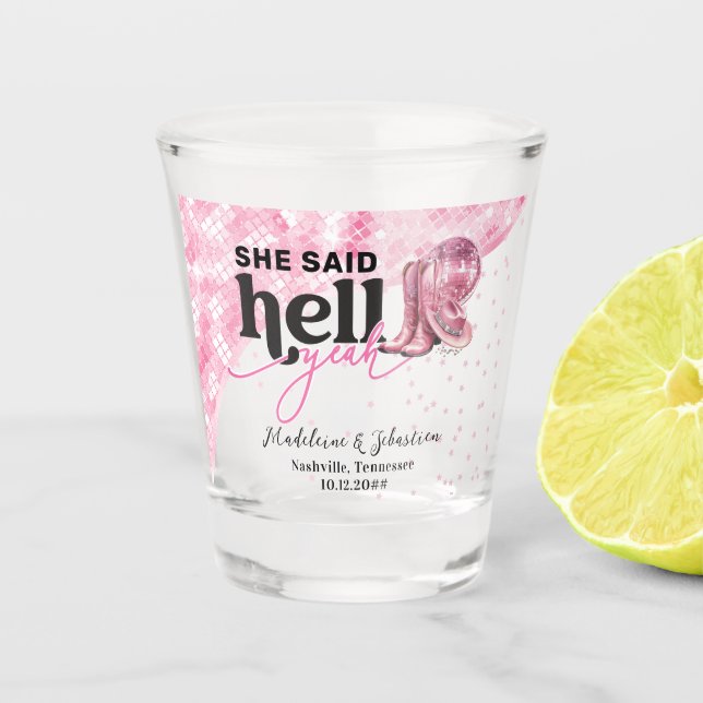 Copo De Shot Ela Disse Sim Com um Brilho Rosa Chapéu de Caubói  (Frente)