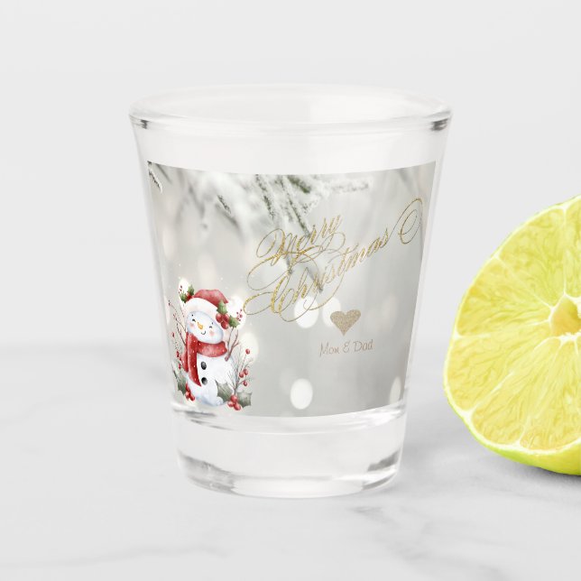 Copo De Shot Elegante Coração de Brilho Dourado Boneco de Neve (Frente)