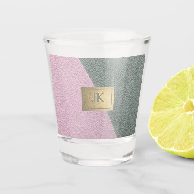 Copo De Shot Elegante couro rosa verde Monogram   (Frente)