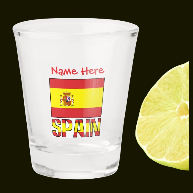 Copo De Shot Espanha Sinalizador espanhol Red Personalizado (Spanish Flag on shot glass with word SPAIN below in flag colors. Add name in red text above.)