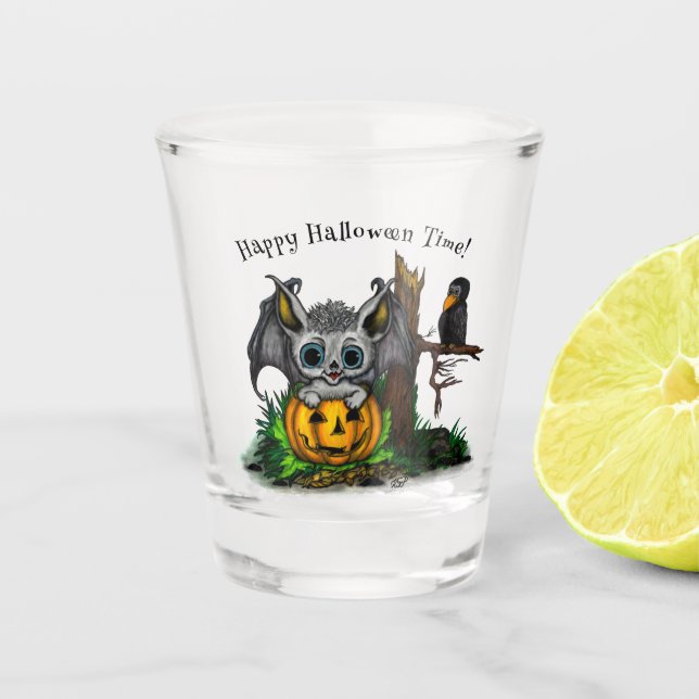 Copo De Shot Esperando o Halloween, Cute Bat e Raven (Frente)