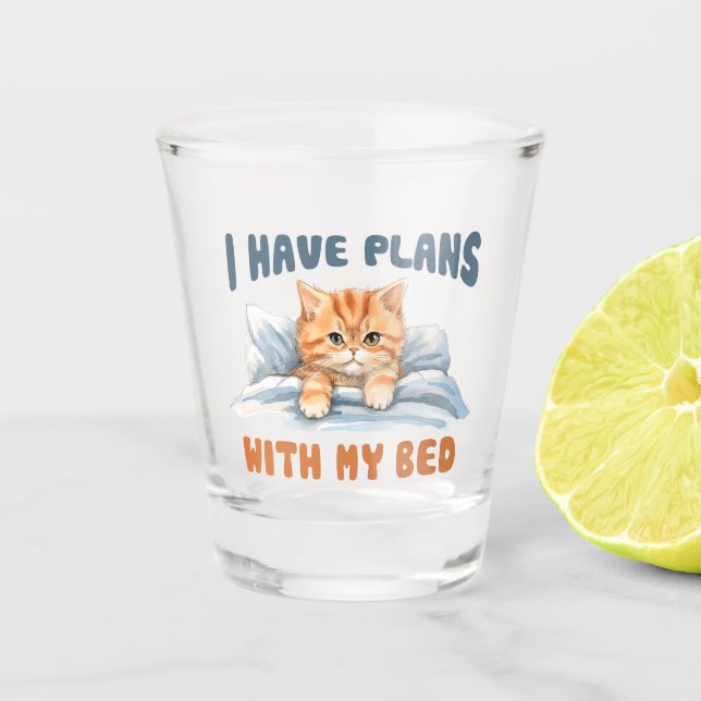 Copo De Shot Eu tenho planos com minha cama - Gato Laranja Louc (Frente)