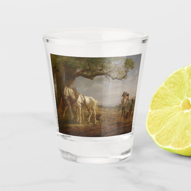 Copo De Shot Fazendeiros Descansados em Campo com Cavalos e Flo (Frente)