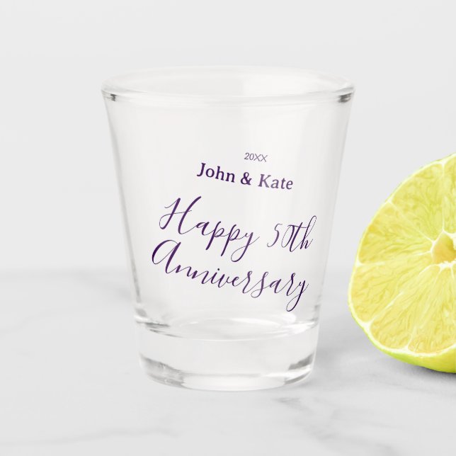 Copo De Shot Feliz aniversário de 50 anos nome roxo simples  (Frente)