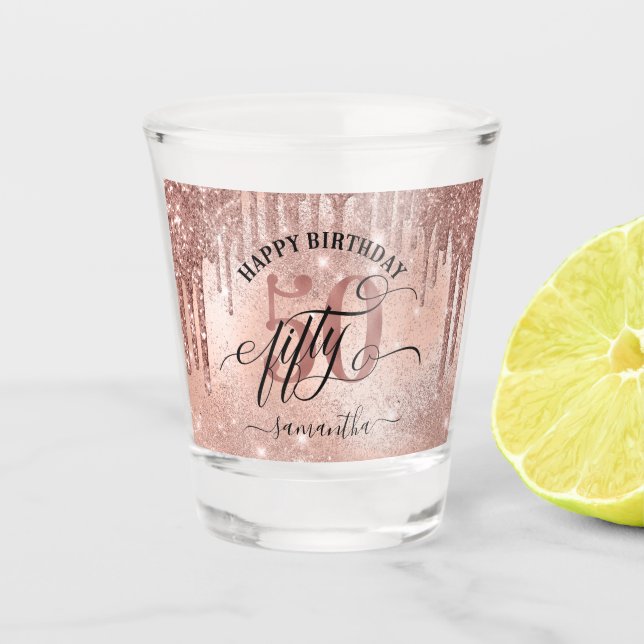Copo De Shot Feliz aniversário do 50º Rosa  (Frente)