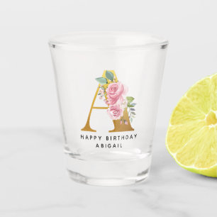 Copo De Shot Feliz Aniversário Floral Monograma Nome Personali
