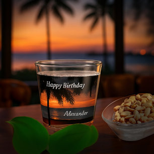 Copo De Shot Feliz Aniversário Homens Pôr do Sol Tropical Árvor