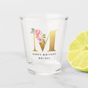 Copo De Shot Feliz Aniversário Monograma Floral Personalizado