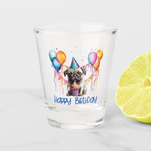 Copo De Shot Feliz Aniversário Pug Com Cupcake E Balões