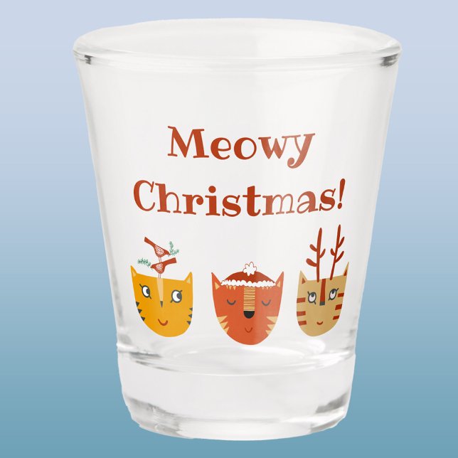 Copo De Shot Feliz Natal de Gato (Fun Meowy Christmas cat editable text shot glass)