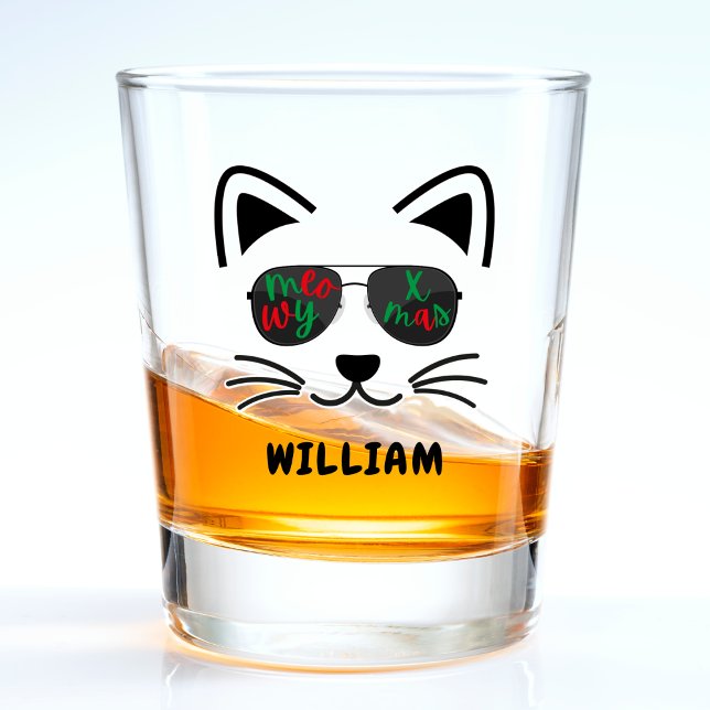 Copo De Shot Feliz Natal Legal Óculos de sol Gatinhos Brancos (Meowy Christmas Cool Sunglasses Kitty Cat White Shot Glass)