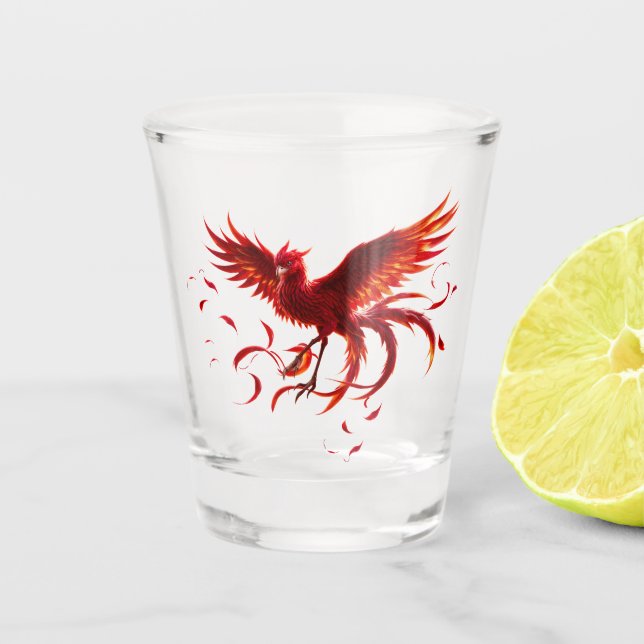 Copo De Shot Fênix Carmesim da Maré enluarada. (Frente)