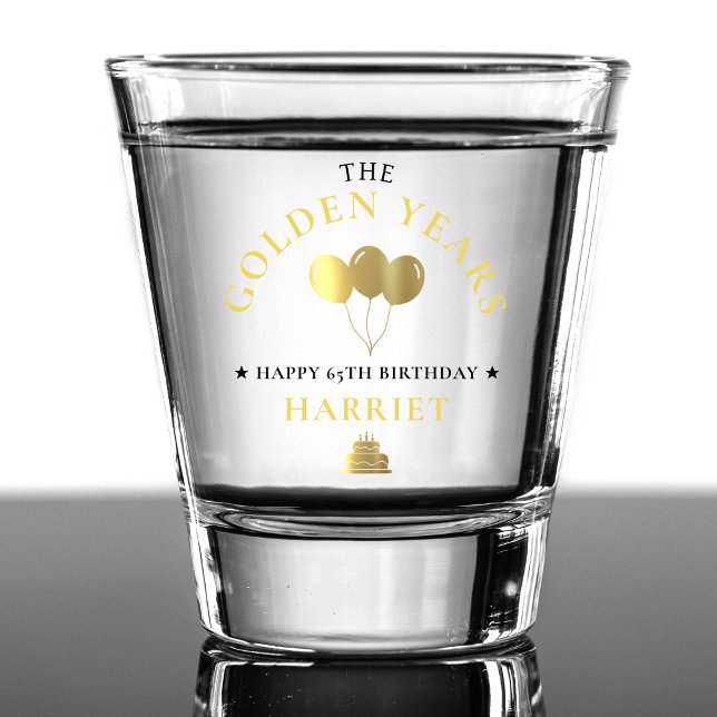 Copo De Shot Festa de aniversário Dourada anos 65 (Gold Golden Years 65th Birthday Party Shot Glass)