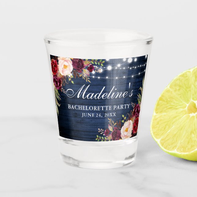 Copo De Shot Festa de Despedida de Solteira Burgundy Floral Azu (Frente)