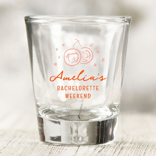 Copo De Shot Festa de Despedida de Solteira com Desenho Rosa e  (Pink and red hand drawn sketch illustrations bachelorette party shot glass.)