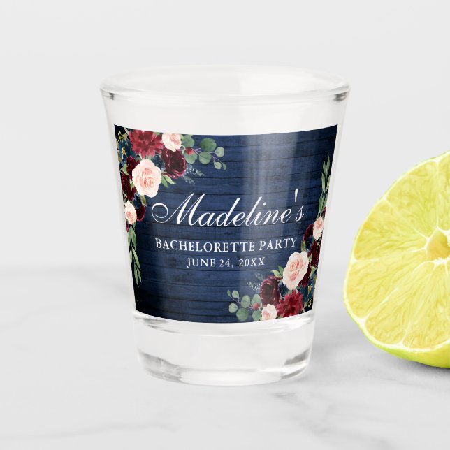 Copo De Shot Festa de Despedida de Solteira Floral Burgundy Azu (Frente)