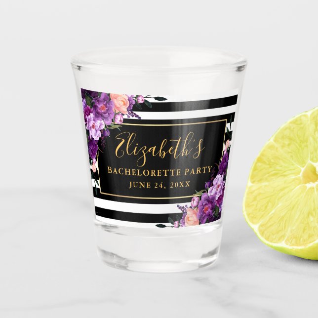 Copo De Shot Festa de Solteira com Listras Florais Roxas Dourad (Frente)