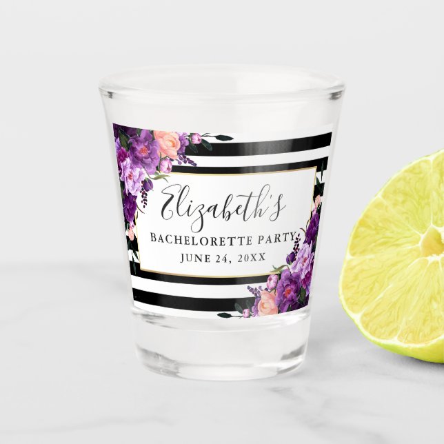 Copo De Shot Festa de Solteira com Listras Florais Violeta Roxo (Frente)