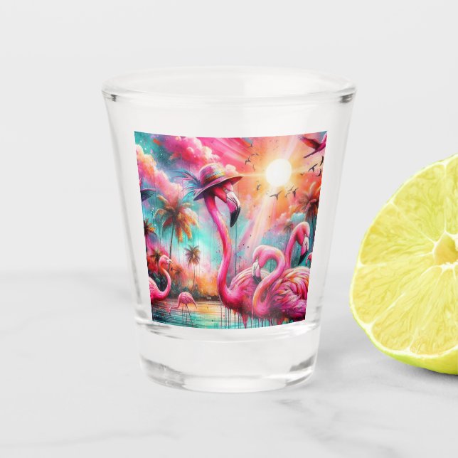 Copo De Shot Flamingos Rosa Tropicais Palmeiras Palmeiras Teais (Frente)
