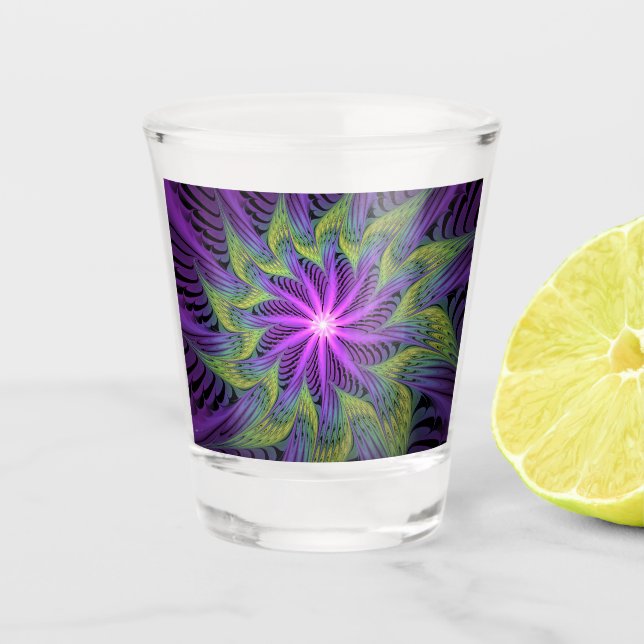Copo De Shot Flor Verde Roxo, Abstrato, Arte Fractal (Frente)