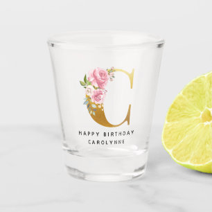 Copo De Shot Floral Monograma Feliz Aniversário Nome Personaliz
