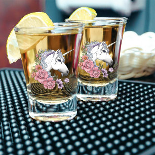 Copo De Shot Flores de Unicórnio Branco Encantado Rosa Preto