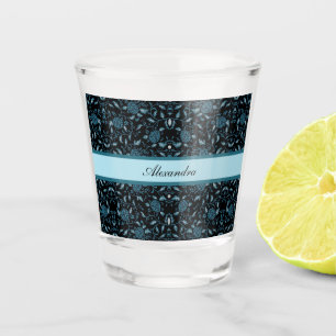 Copo De Shot Flores Elegantes, Black and Teal Damask