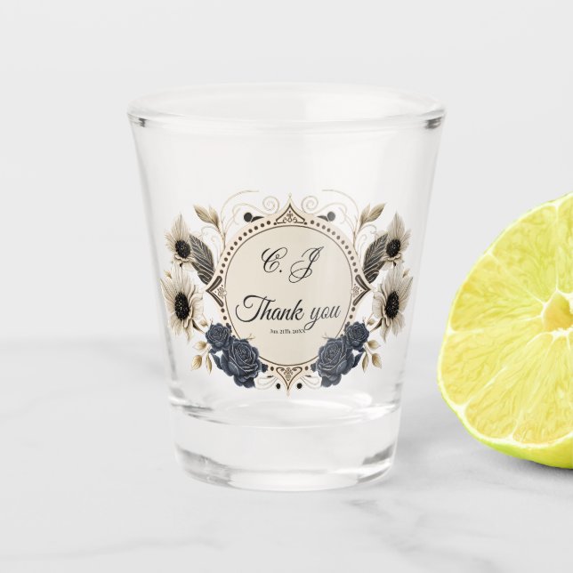 Copo De Shot Flores românticas brilhantes sobre fundo azul prof (Frente)