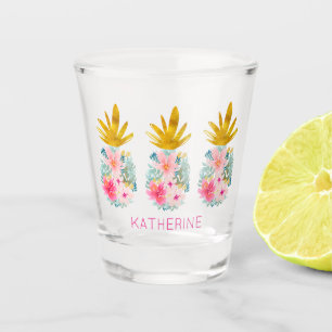 Copo De Shot Flores tropicais cor-de-rosa e ananás Dourados