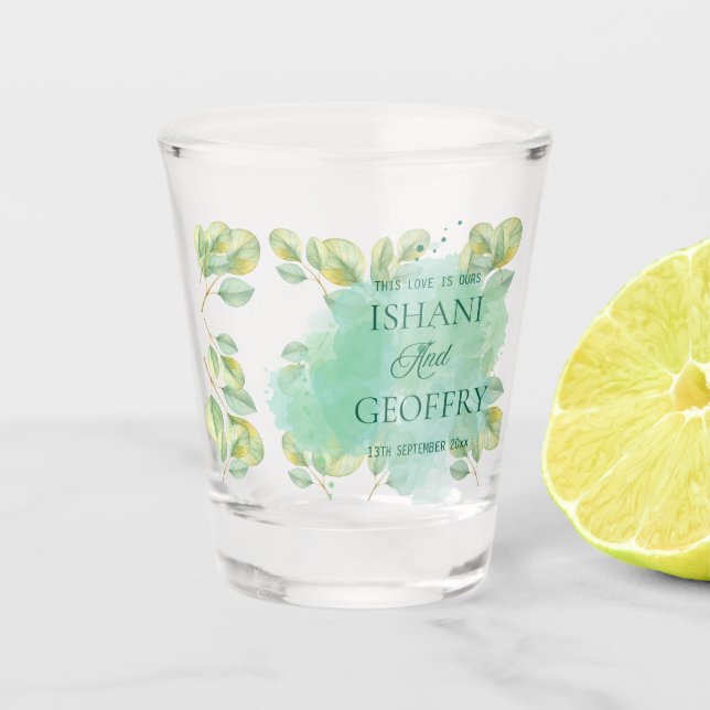 Copo De Shot Folhas de Eucalipto Verde Casamento  (Frente)