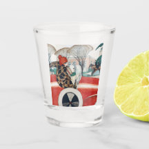 Garota e Cachorro num Automóvel Vermelho