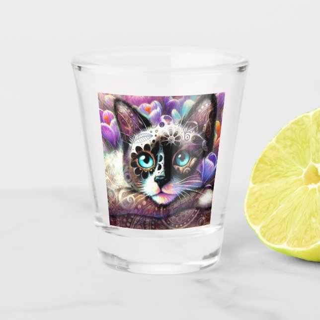 Copo De Shot Gatinho Siamês Gato Crocus Floral Purple Teal Whit (Frente)