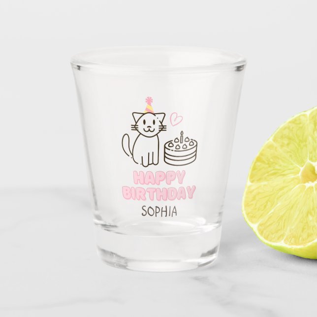 Copo De Shot Gato Adorável num Vidro de Chapéu de Aniversário (Frente)