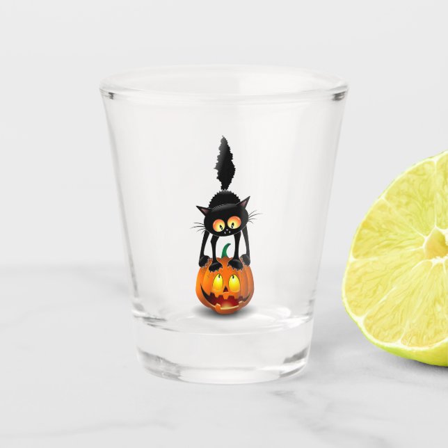 Copo De Shot Gato Halloween Caricatura Assustada na Pumpkin (Frente)