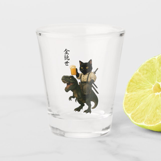 Copo De Shot Gato Samurai com Cerveja & T-Rex | Arte Japonesa R (Frente)