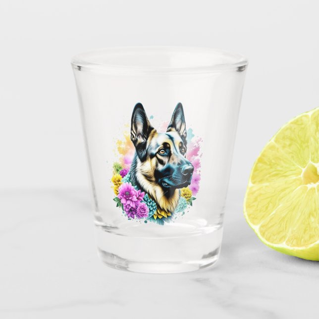 Copo De Shot German shepherd e Flores ai art (Frente)