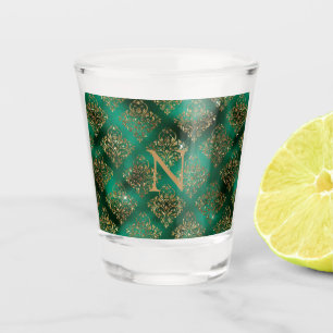 Copo De Shot Glitter do Monograma Elegante de Damasco Verde Dou