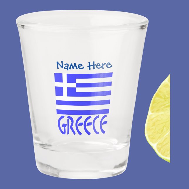 Copo De Shot Grécia e Personalização Azul do Sinalizador Grego (Greek flag on a shot glass with the word GREECE underneath in blue letters. Add s name above.)