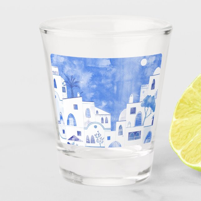 Copo De Shot Grécia Santorini (Shot glass featuring a blue and white watercolor painting of Santorini)