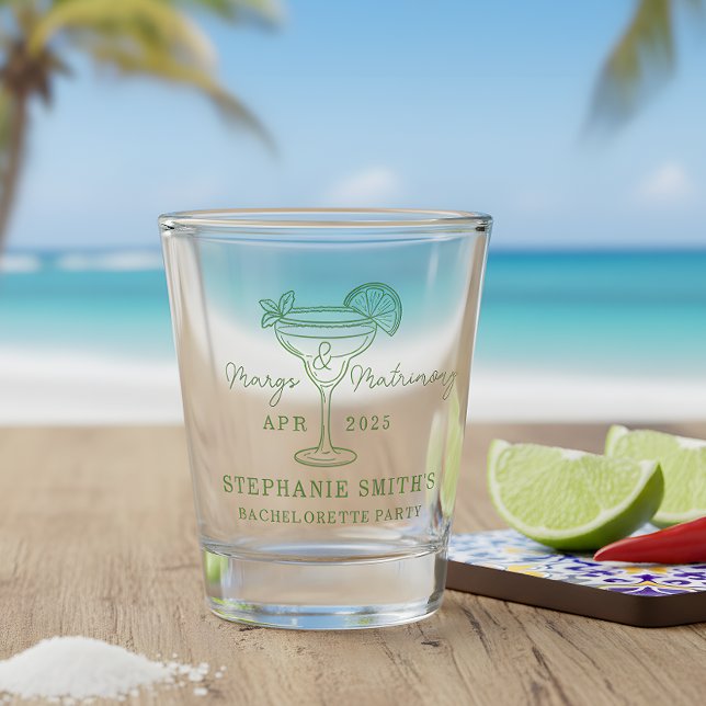 Copo De Shot Green Margs and Matrimony Bachelorette Party  (Set the tone for a lively pre-wedding celebration with this mint green “Margs & Matrimony”  glass)