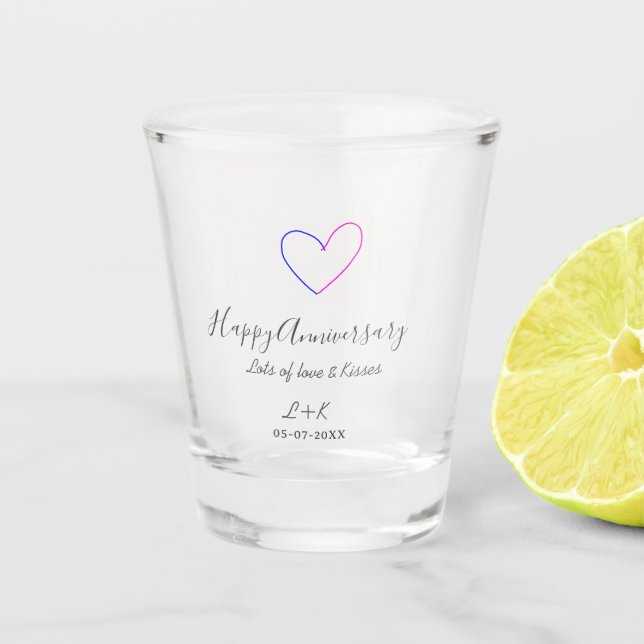 Copo De Shot Happy anniversary pink blue heart name date simple (Frente)