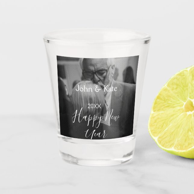 Copo De Shot Happy new year couple photo name year black white  (Frente)