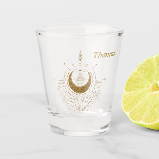 Copo De Shot Harmonia dos elementos: lua, ouro e geometria. (Frente)