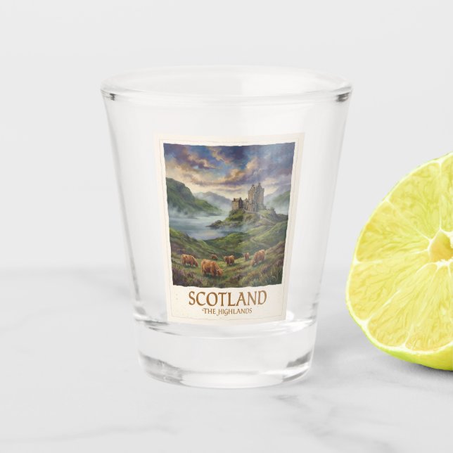 Copo De Shot Imagem de Viagem Antiga dos Highlands Escoceses (Frente)