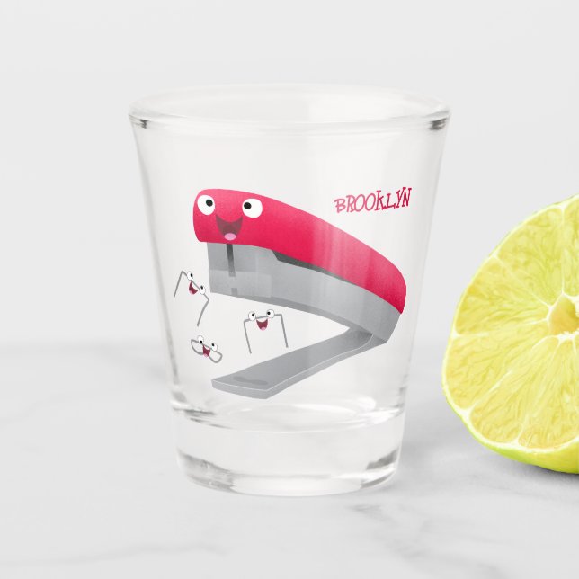 Copo De Shot Imagem do desenho animado vermelho-feliz grampeado (Frente)