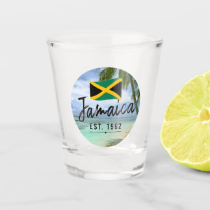 Copo De Shot "Jamaica Est. 1962" Beach With Jamaica Flag Art