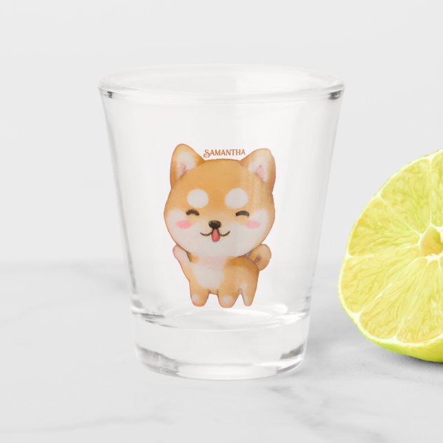 Copo De Shot Kawaii Smiling Cartoon-Style Shiba Inu (Frente)