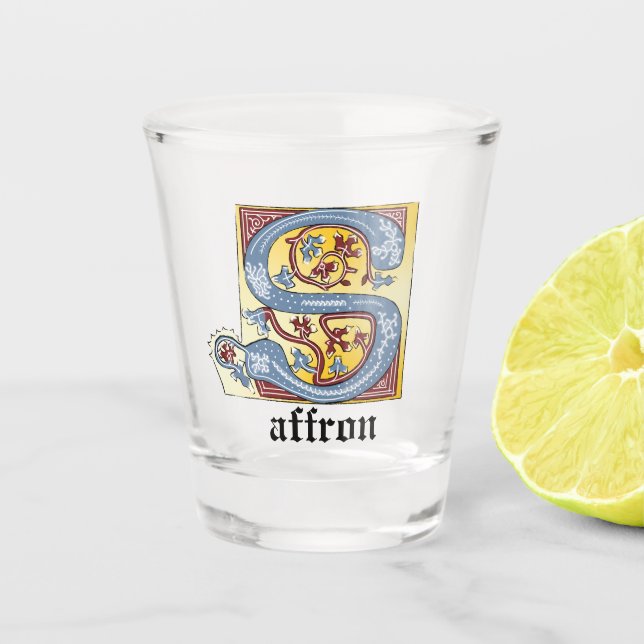 Copo De Shot Letra azul medieval e vermelha acesa S (Frente)
